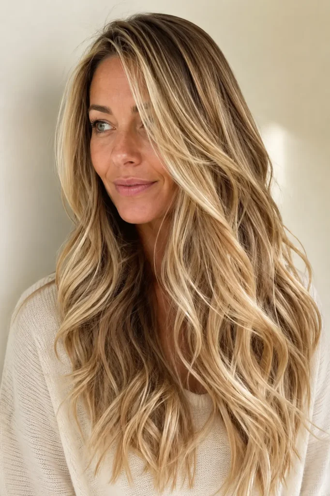 A woman with long dirty blonde hair and soft golden blonde highlights smiles gently while looking to the side. Her loose curls catch the natural daylight, showing off the glossy color and healthy shine. She wears a simple cream sweater against a soft cream background, with the hairstyle taking center stage.