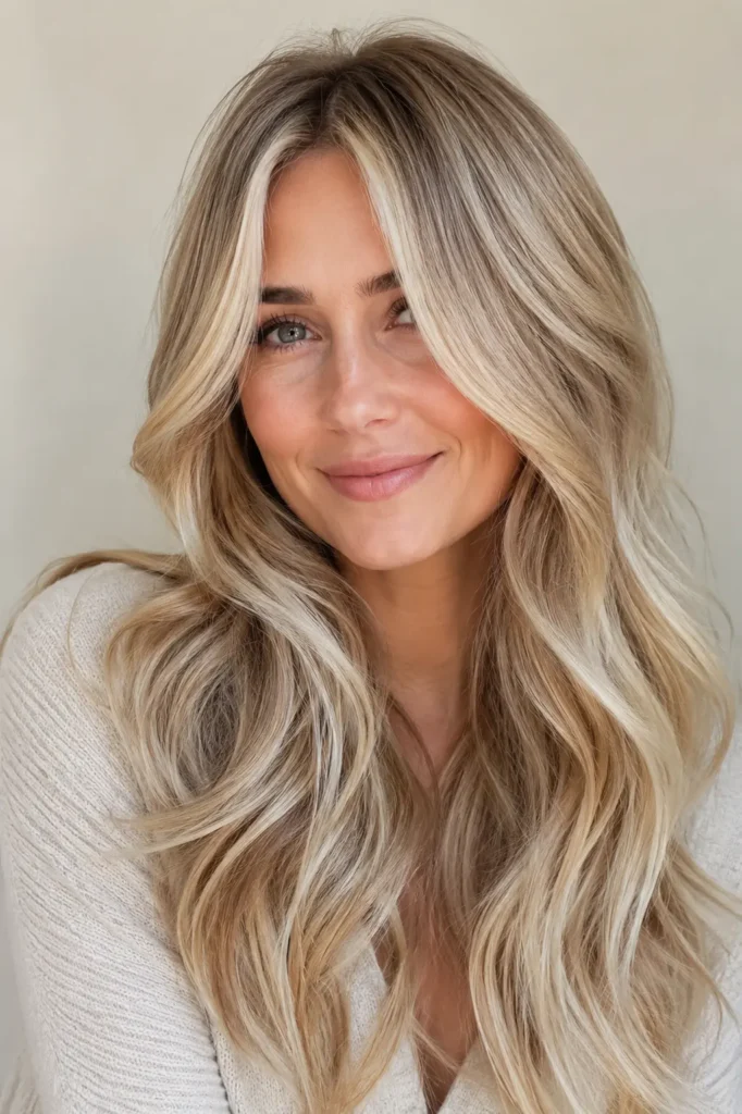 **Alt text:**
A smiling English woman with long, layered dirty blonde hair featuring icy blonde highlights. Her soft, flowing layers catch the natural daylight, showing off cool-toned blonde ribbons and a healthy, glossy finish against a simple cream background.