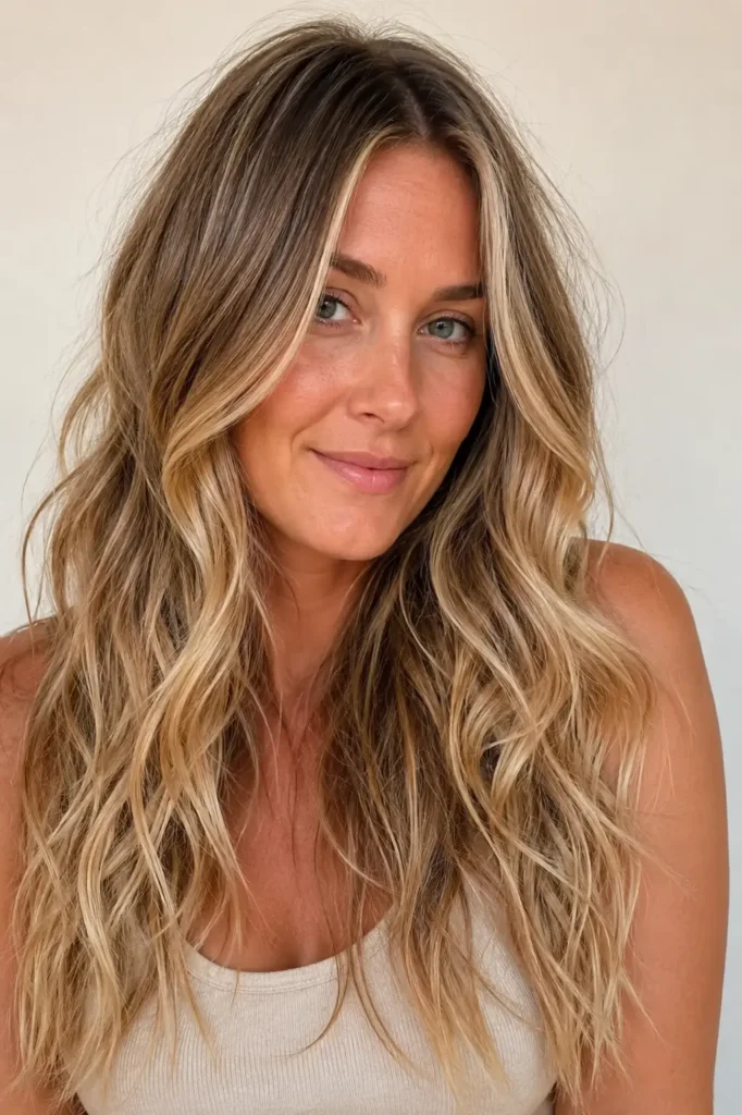 A woman with long dirty blonde hair featuring lived-in blonde highlights and loose beach waves. Her glossy, dimensional hair flows naturally with soft movement under bright daylight, framed against a soft cream background that highlights the healthy shine and authentic texture.