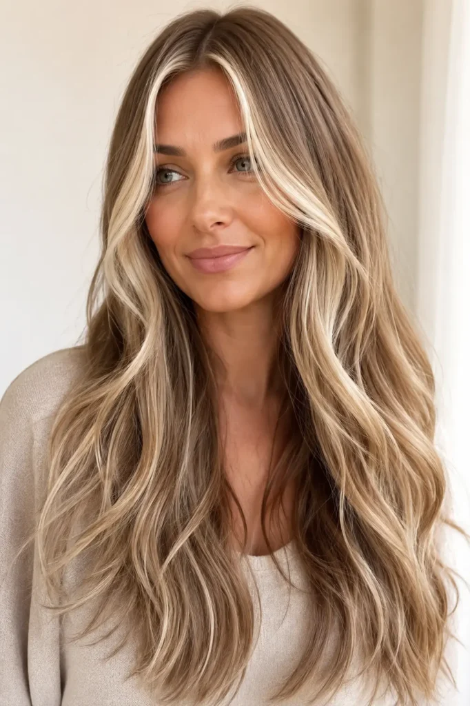 A woman with long dirty blonde hair styled in soft waves and bright money piece highlights framing her face. Her glossy, silky hair shines in natural daylight against a cream background, creating a realistic DSLR-style portrait with the hairstyle as the main focus.