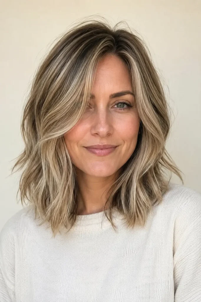 English woman with shoulder-length dirty blonde hair featuring cool mushroom blonde highlights, soft layered cut, silky shine, and healthy texture, photographed in natural daylight against a cream background.