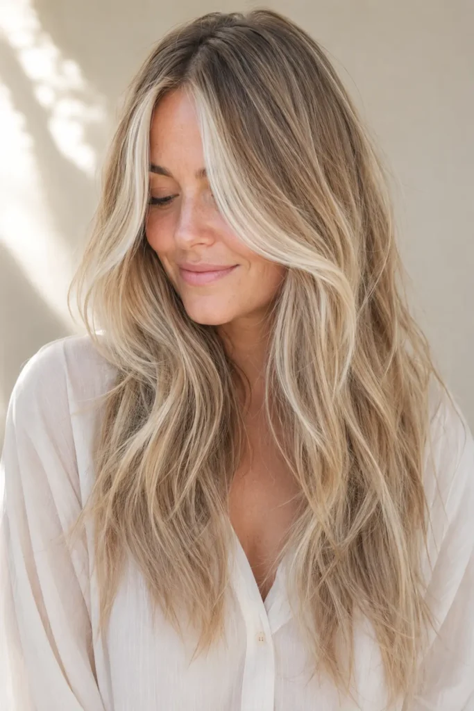 A woman with long dirty blonde hair featuring platinum face-framing highlights, soft layered waves, glossy dimensional blonde ribbons, and silky shine, photographed in bright natural daylight against a cream background while wearing an ivory blouse.