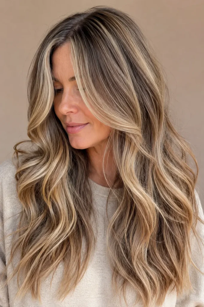 A woman with long dirty blonde hair featuring wide ribbon highlights styled in soft flowing waves, showcasing glossy dimension, silky texture, and radiant shine against a neutral beige background in natural daylight.
