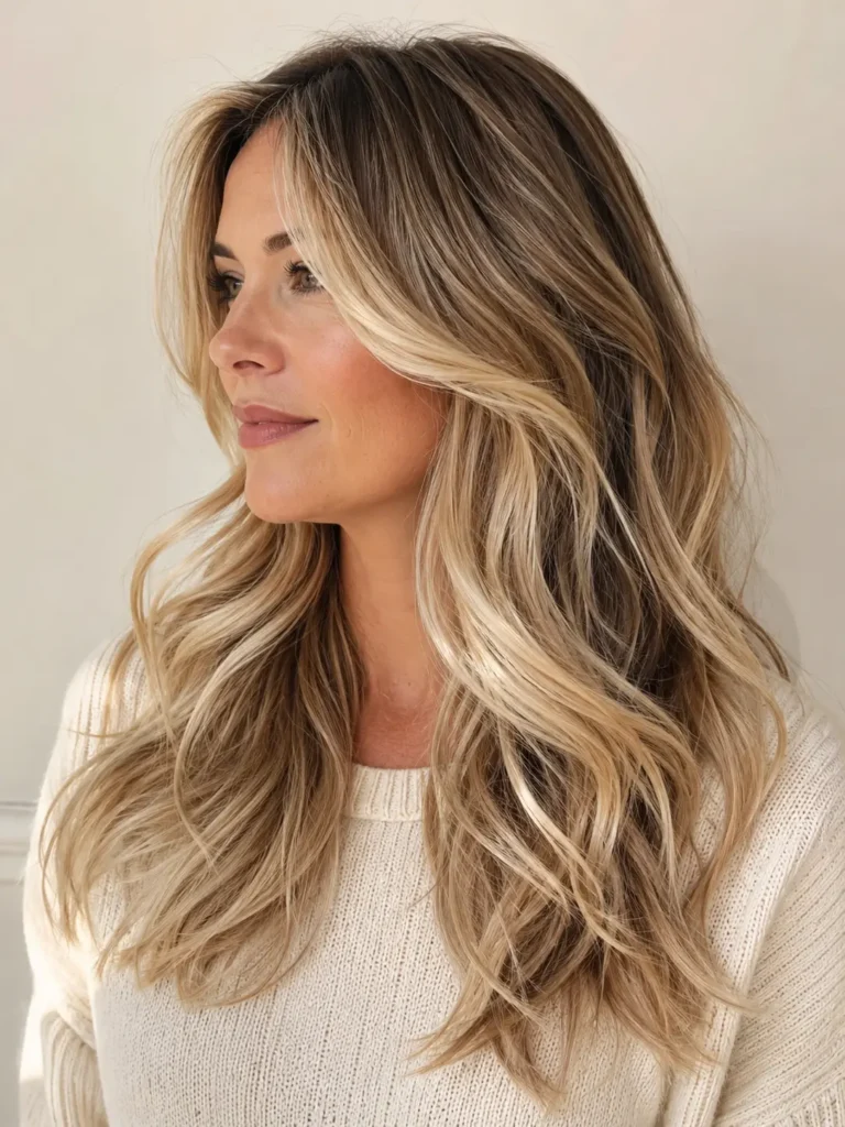 A English woman with long, layered dirty blonde hair featuring a seamless root shadow and soft blonde highlights. Her glossy, wavy hair is the main focus, photographed in natural daylight against a cream background while she wears an ivory knit sweater.