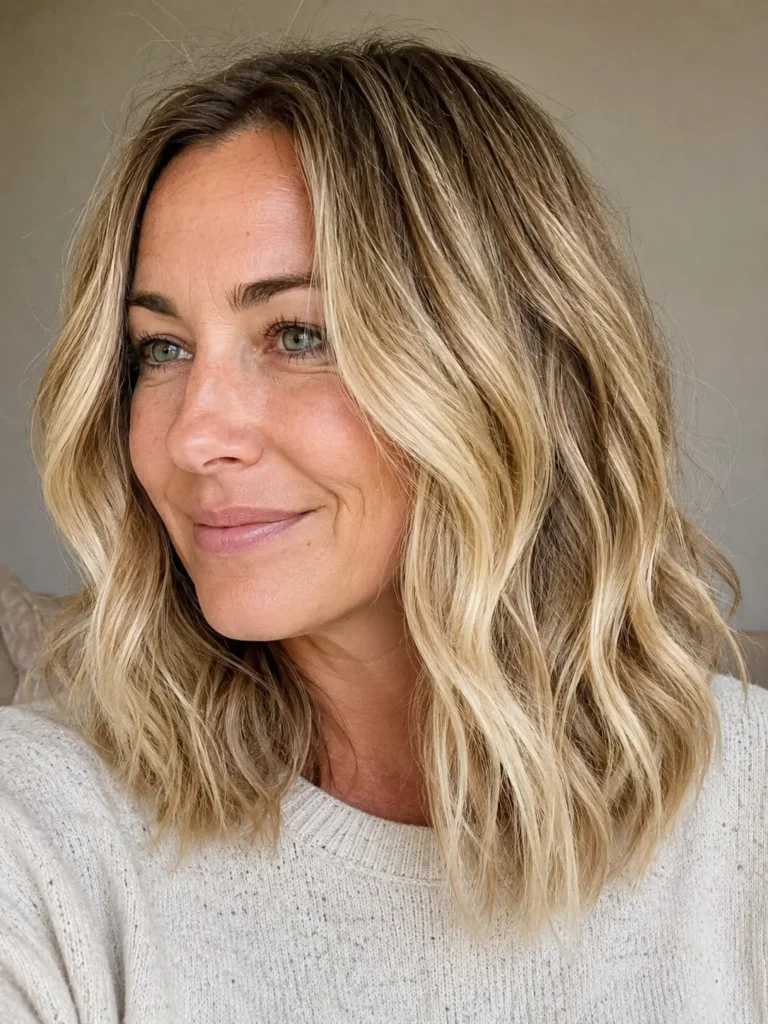 A woman with shoulder-length dirty blonde hair, sandy blonde highlights, and soft beach waves in natural daylight.