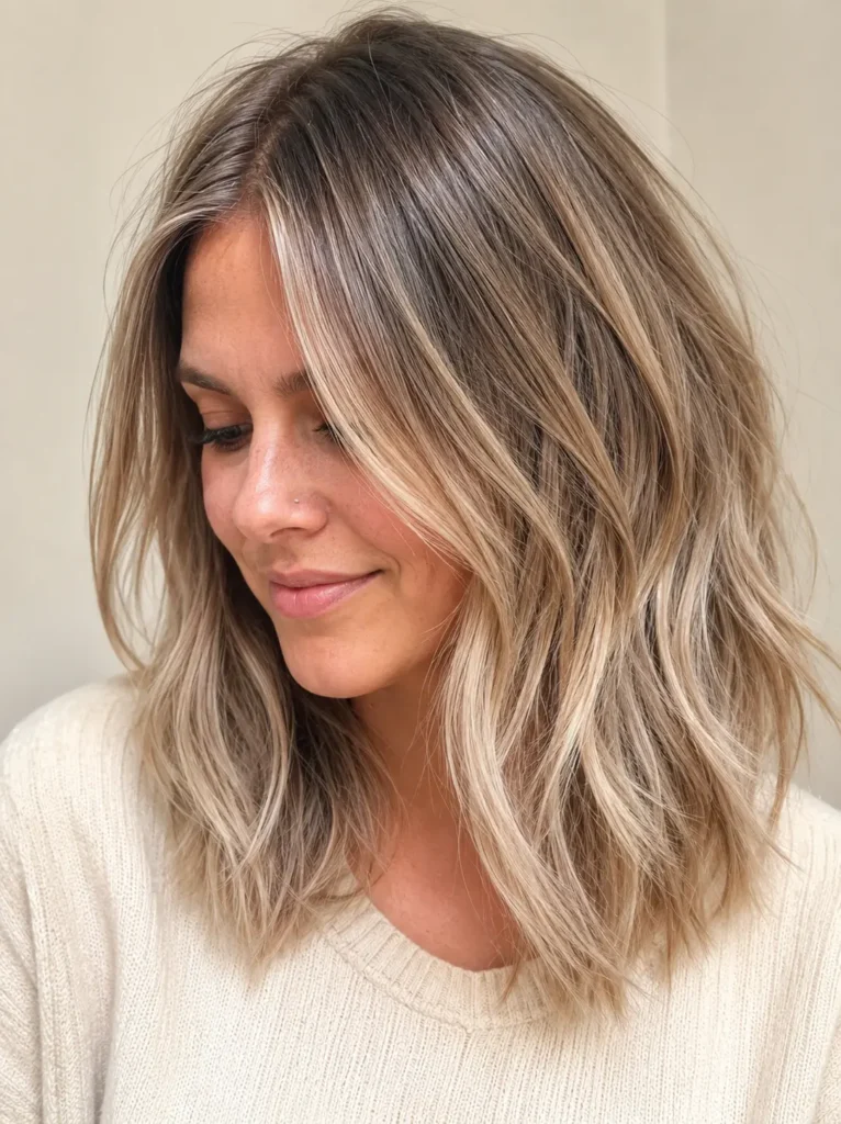 A woman with shoulder-length dirty blonde hair featuring soft smoky blonde highlights. Her layered hair looks smooth, shiny, and naturally full under bright daylight, with a cream background that keeps the focus on the cool-toned blonde color and healthy-looking texture.