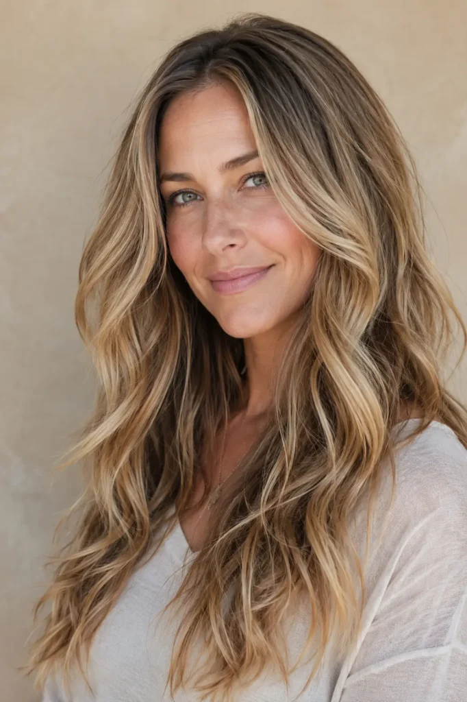 an English woman with long dirty blonde hair featuring natural sun-kissed highlights, soft beach waves, glossy healthy shine, and dimensional blonde ribbons, photographed in bright natural daylight against a neutral beige background.