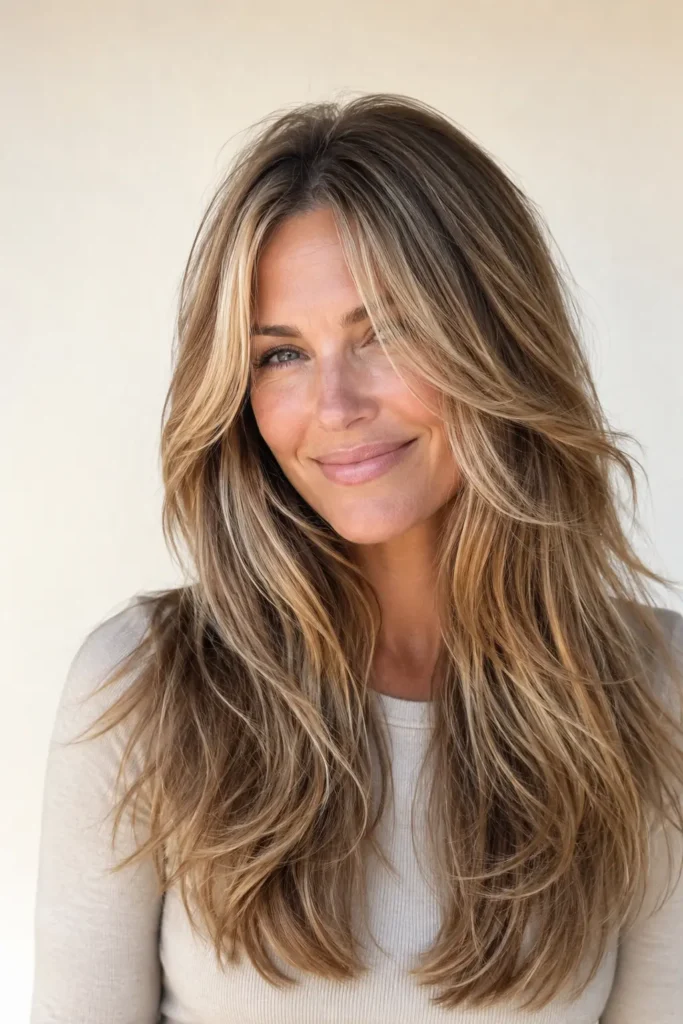 an English woman with long layered dirty blonde hair featuring warm toasted blonde highlights, glossy shine, silky texture, and soft flowing layers against a cream background in natural daylight.