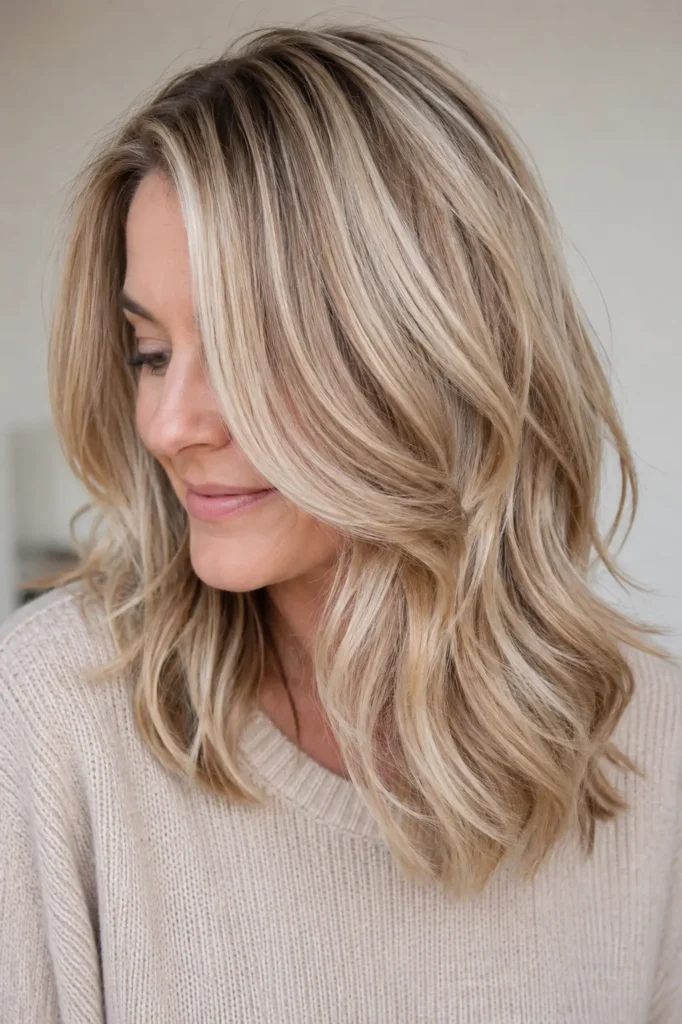 An English woman with medium-length dirty blonde hair and creamy vanilla blonde highlights smiles softly while showing off glossy, layered hair with natural movement and healthy shine in bright daylight against a simple cream background.