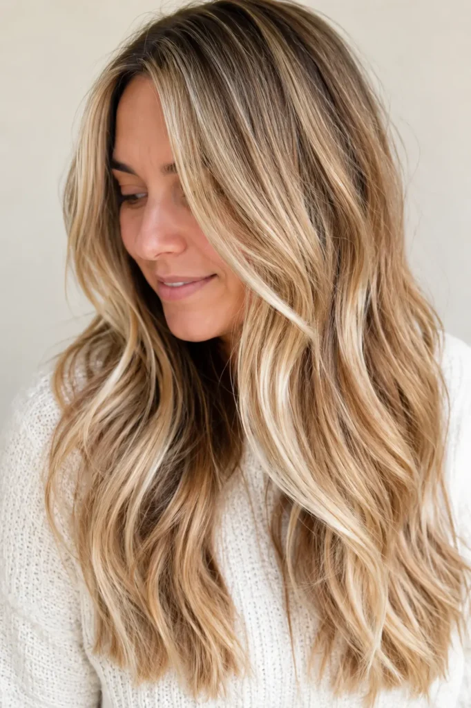 an English woman with long layered dirty blonde hair featuring glossy wheat blonde highlights, soft flowing waves, and dimensional golden-beige tones. She wears an ivory knit sweater against a neutral cream background, with natural daylight enhancing her healthy, silky hair and authentic skin texture.