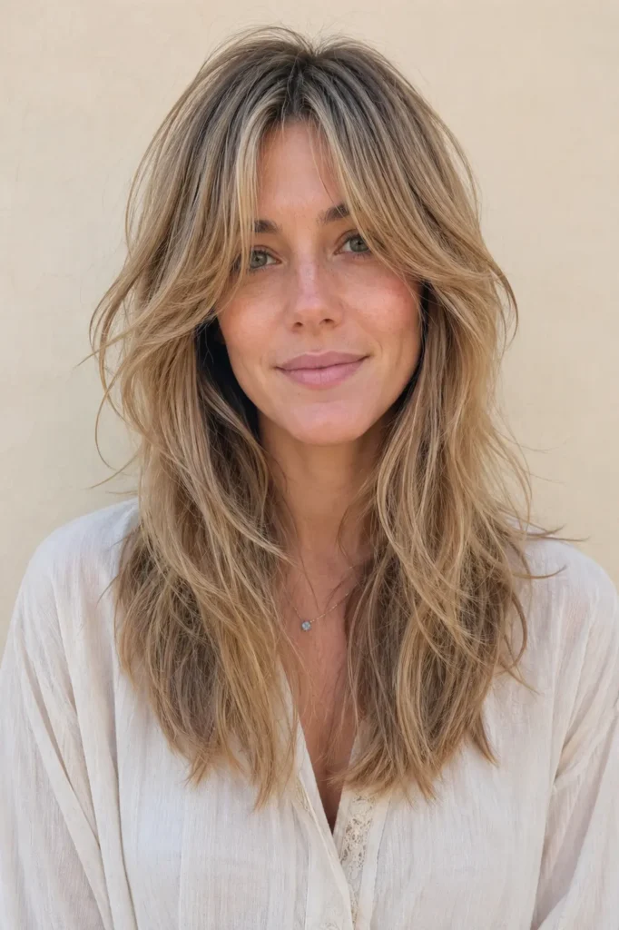 woman with a dirty blonde wolf cut, long blended bangs, feathered layers, and natural textured hair in bright daylight.