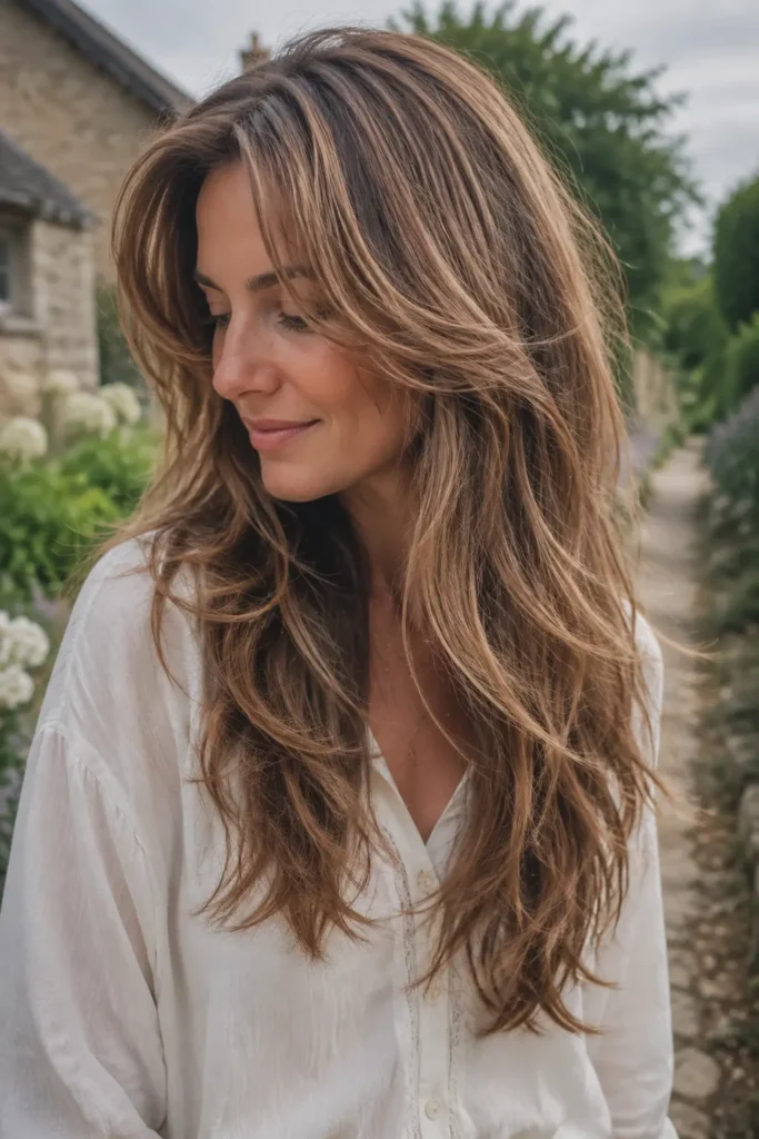 White woman with naturally textured long butterfly layers and soft loose waves, wearing a modest white cotton blouse in a rustic cottage garden under gentle overcast daylight.