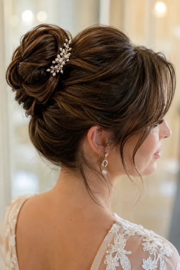 woman wearing an elegant bridal bun with soft curtain bangs and glossy brunette hair, captured in bright natural daylight against a luxurious ivory wedding-inspired background.
