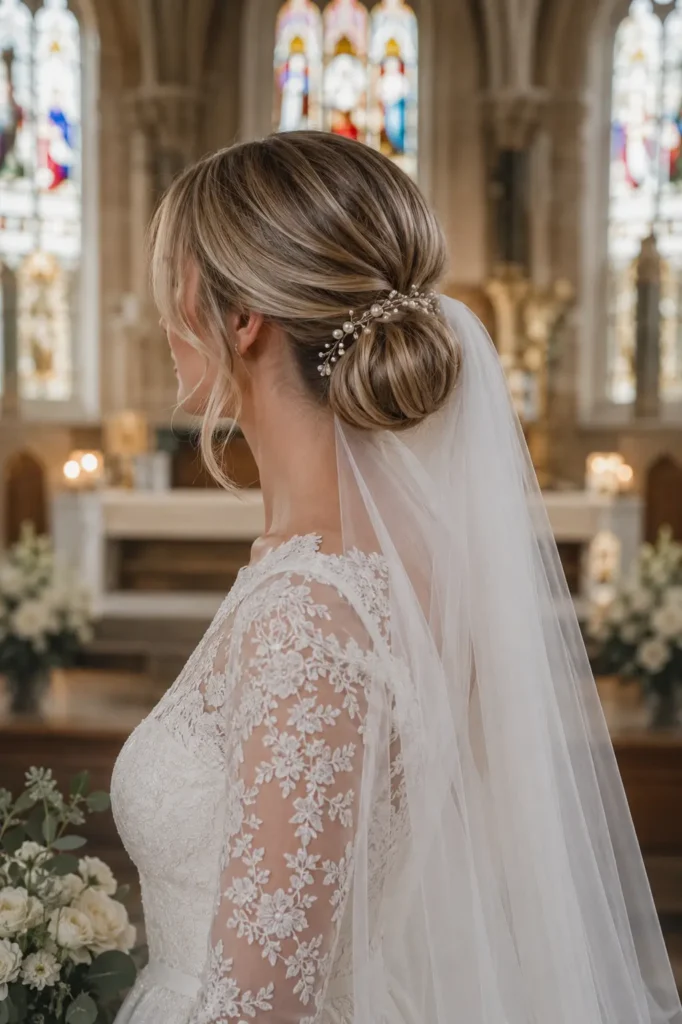 white bride wearing an elegant ivory lace wedding gown with long sleeves, featuring a timeless smooth low bridal bun adorned with delicate pearl hair accessories and a sheer cathedral veil cascading from beneath the chignon