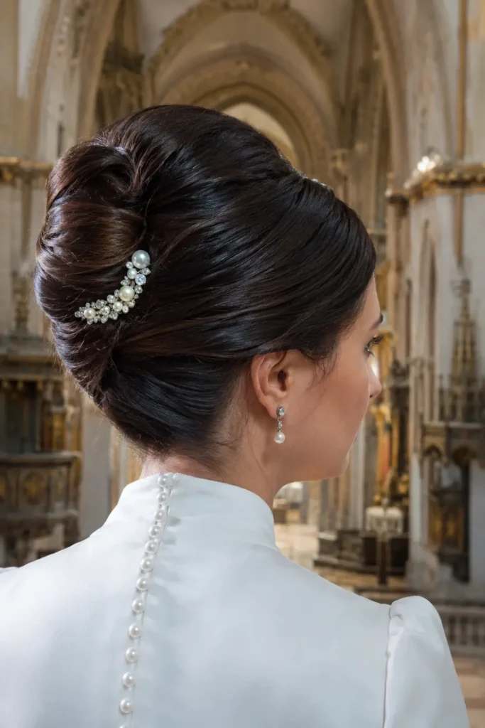 Close-up backside view of a  bride wearing an elegant French twist bridal hairstyle with smooth dark brunette hair, accented by a pearl hair comb, paired with a high-neck satin wedding gown inside a bright historic cathedral.