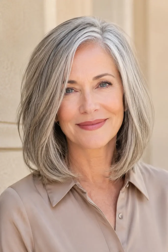 Elegant long gray bob hairstyle on a mature English woman with soft layers, natural silver tones, volume, and a light brown shirt.