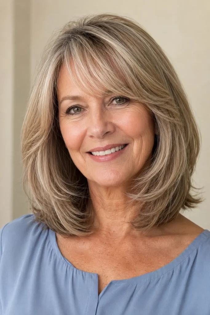 an older English woman with shoulder-length soft inward layers, glossy healthy hair, and a dusty blue blouse against an ivory background.
