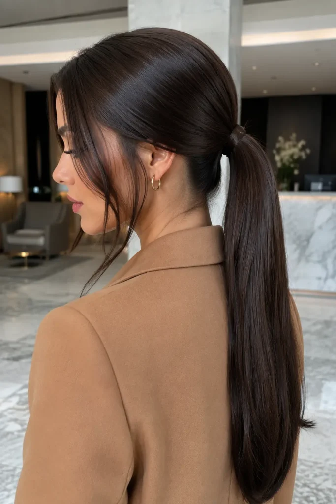 espresso brown ponytail with sleek face-framing strands, worn with a camel coat in a modern marble hotel lobby.