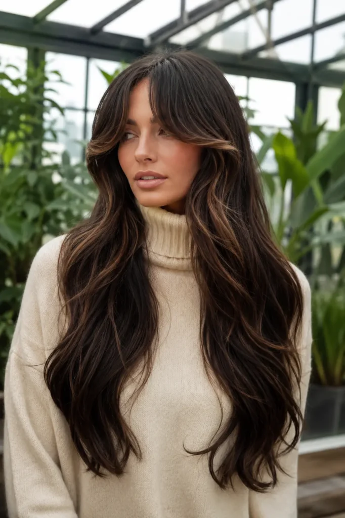 White woman with very long espresso brown hair, mocha face-framing highlights, curtain bangs, and glossy waves in a sunlit greenhouse wearing a cream turtleneck.