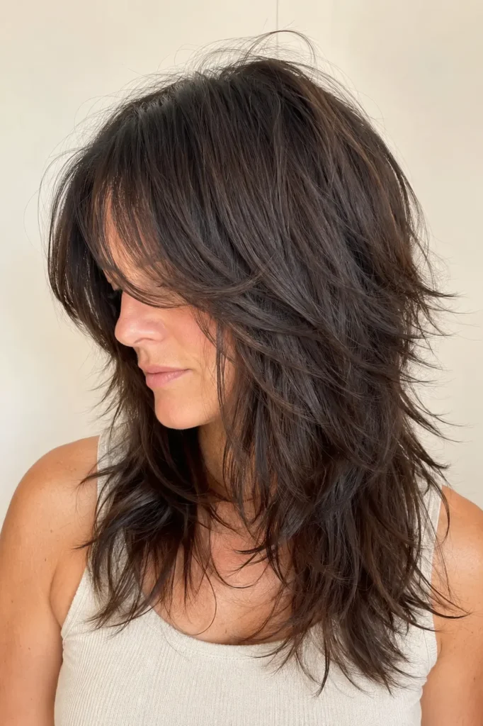 an English woman with an everyday wolf cut and soft curtain bangs, featuring feathered layers, healthy shine,