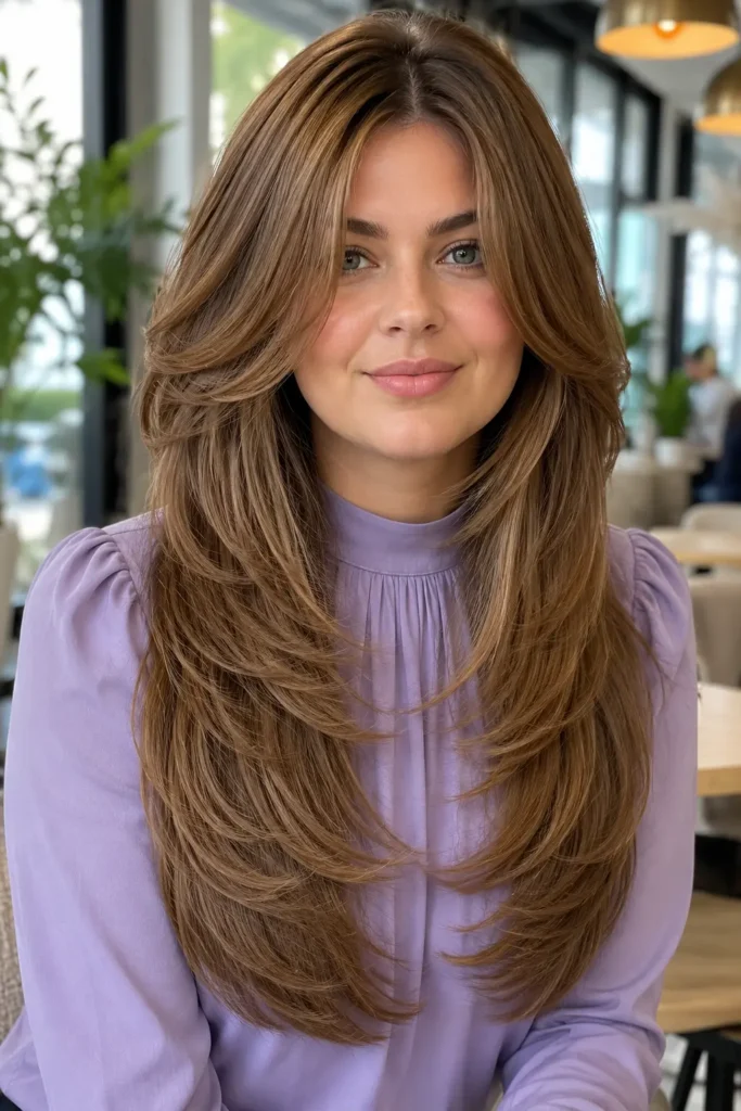A white woman with a round face wears a long butterfly layered haircut in medium caramel brown, styled with a voluminous feathered blowout and center part, paired with a modest lavender high-neck blouse in a bright modern café with softly blurred greenery.