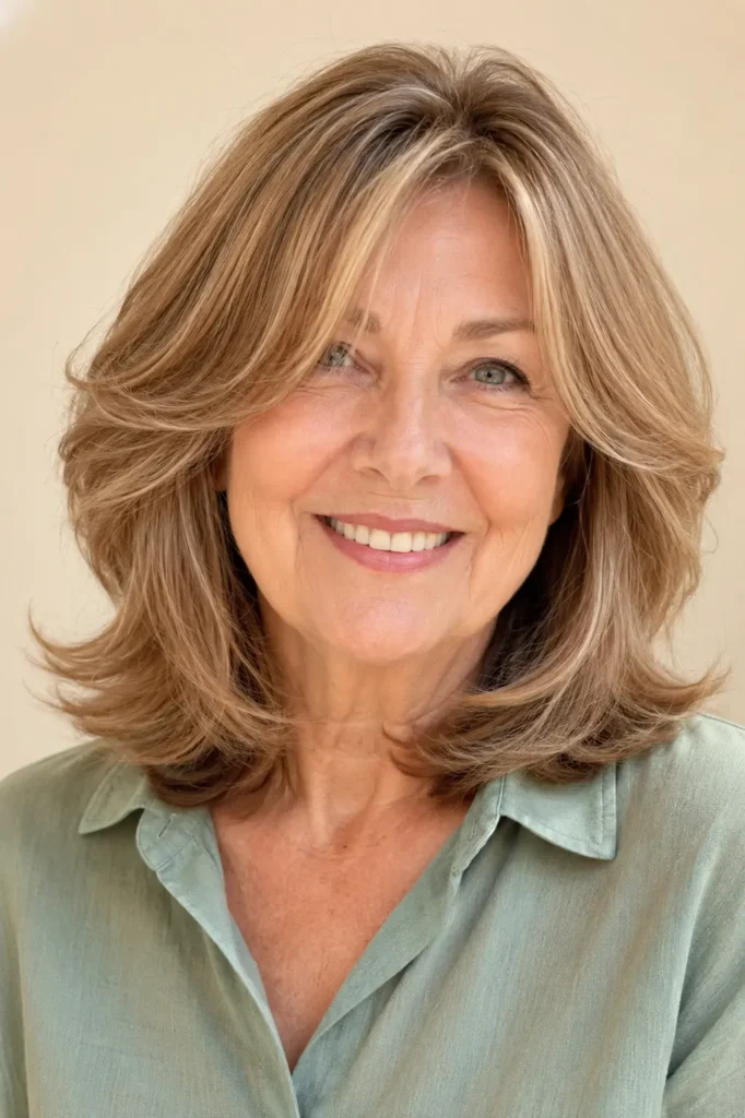 a smiling English woman aged around 60 with a medium-length layered hairstyle, soft face-framing layers, glossy healthy hair, and a sage green blouse against a cream background.