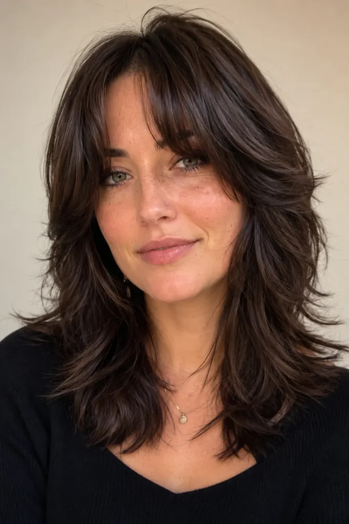 an English woman with a face-framing wolf cut and soft curtain bangs, featuring feathered layers, glossy healthy hair, natural movement, and authentic skin texture against a neutral cream background in bright natural daylight.