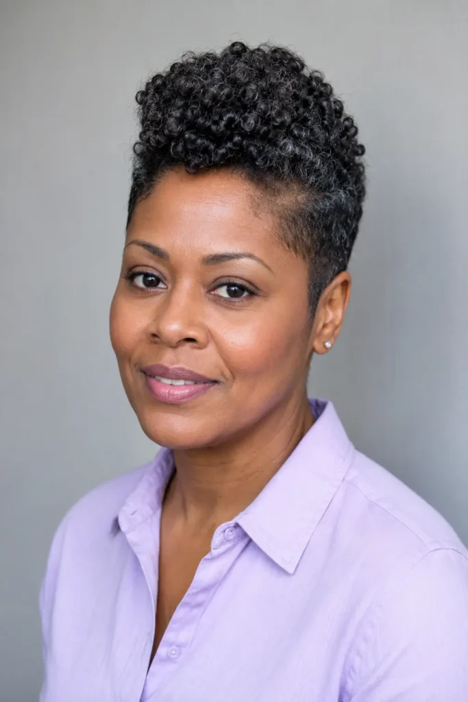 close-up portrait of a real Black British woman wearing a wearable faux-hawk pixie with defined natural coils through the center, smoothly tapered sides, and a neat nape, paired with a pale lavender shirt against a light gray background.