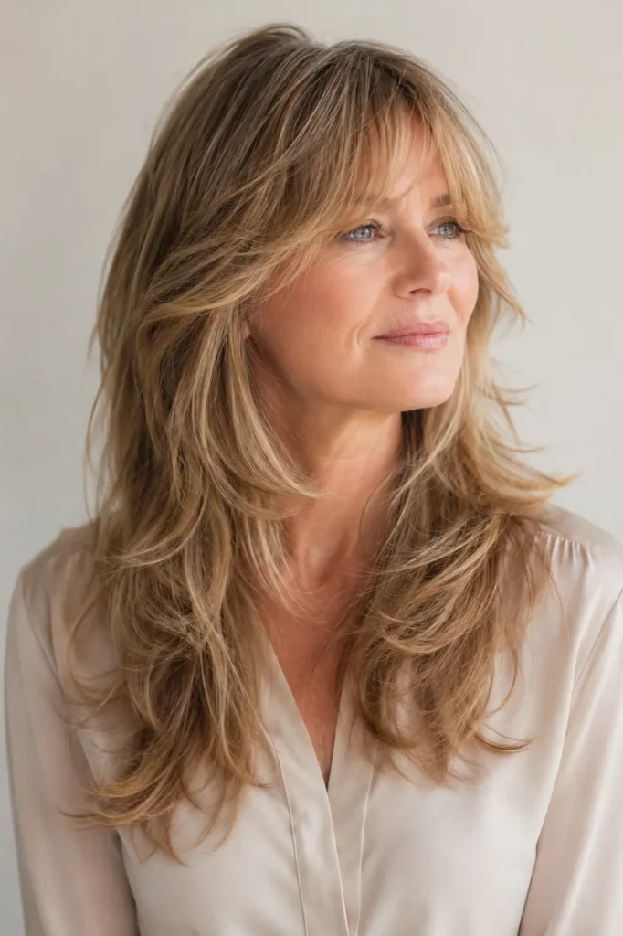 Long feathered layers with a soft feathered fringe, featuring airy volume, healthy shine, and natural movement in a bright salon-style portrait.