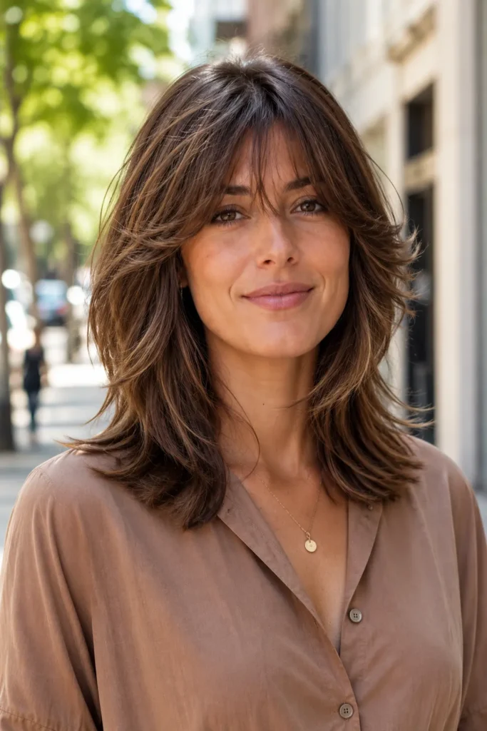 Shoulder-length layered hairstyle with a feathered fringe, soft textured layers, and healthy shine, photographed outdoors in bright daylight against a softly blurred city background, paired with a modest light brown blouse.