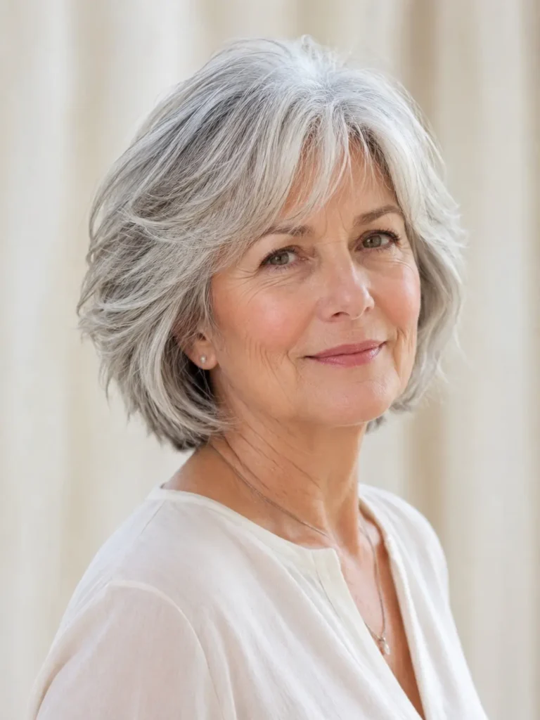 Feathered gray bob haircut on a mature English woman with soft silver layers, natural volume, healthy shine, and elegant hairstyle texture.