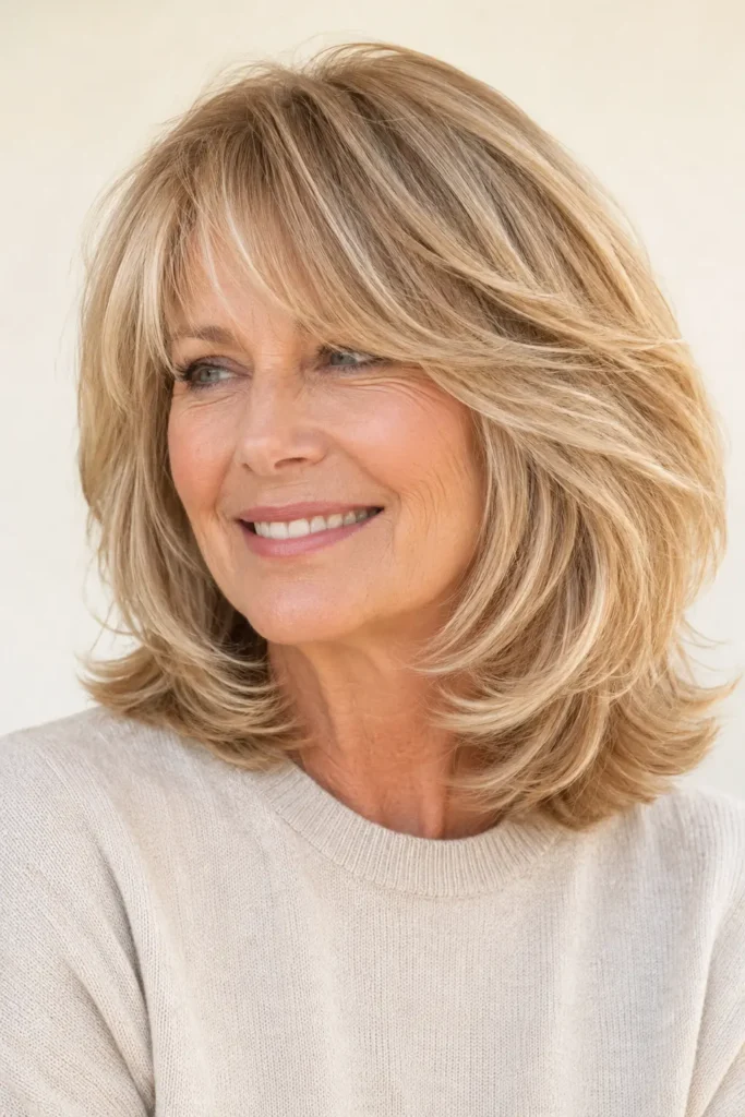 A woman aged 56–70 with feathered medium-length layered hair featuring airy ends, silky shine, and soft movement, wearing a light beige sweater against a soft ivory background.
