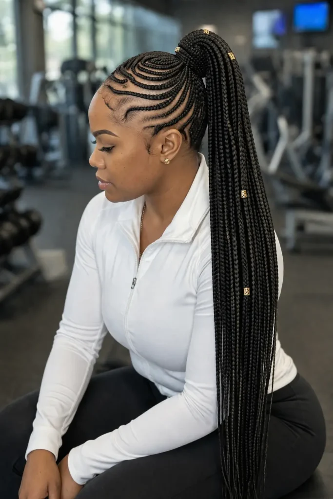Black woman wearing a white athletic zip-up jacket and black leggings with intricate feed-in cornrows styled into a long high ponytail adorned with subtle gold cuffs