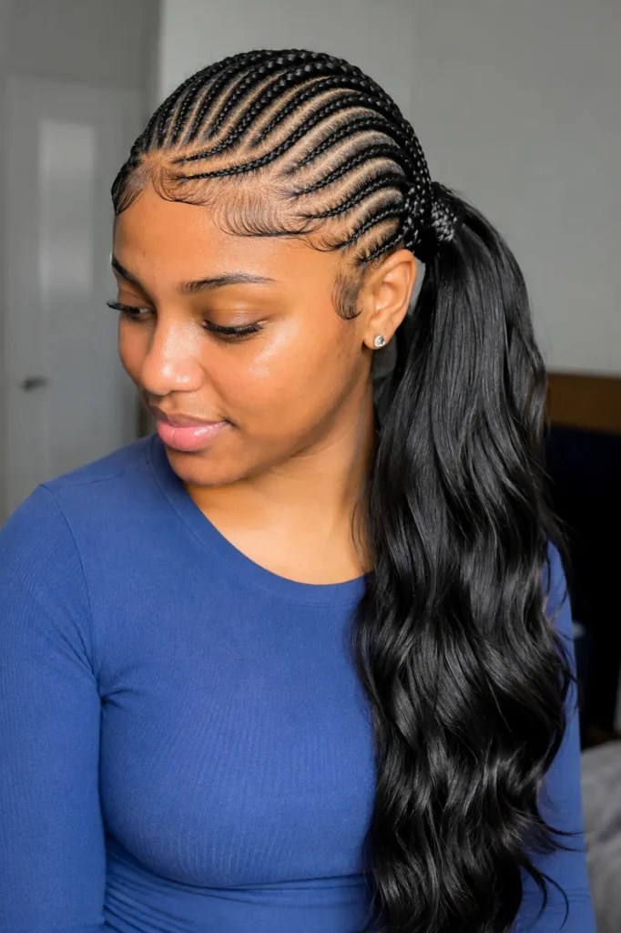 Close-up portrait of a young Black woman wearing a blue long-sleeve top, featuring elegant curved feed-in cornrows gathered into an extra-long wavy side ponytail.