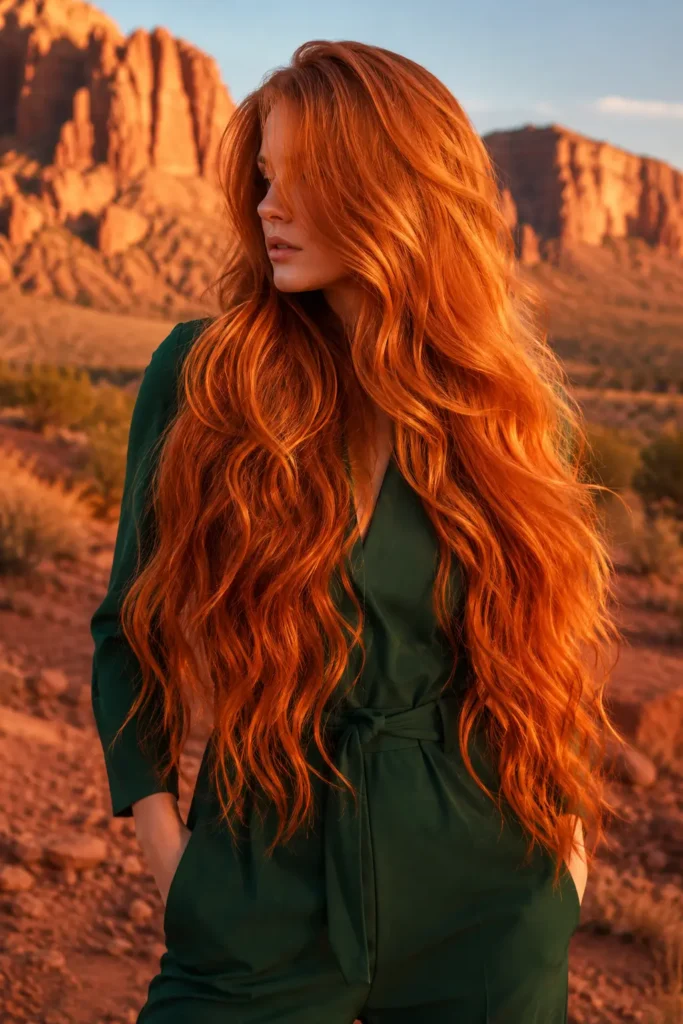 a a real white woman with exceptionally long fiery copper-orange wavy hair, featuring vivid copper, warm orange, and subtle red tones, wearing a deep forest-green tailored jumpsuit in a golden-hour desert landscape with softly blurred red rock formations.