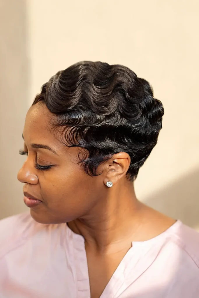 Polished finger-wave pixie haircut with glossy sculpted S-shaped waves on short dark hair, photographed in a close-up salon portrait against a light champagne background.