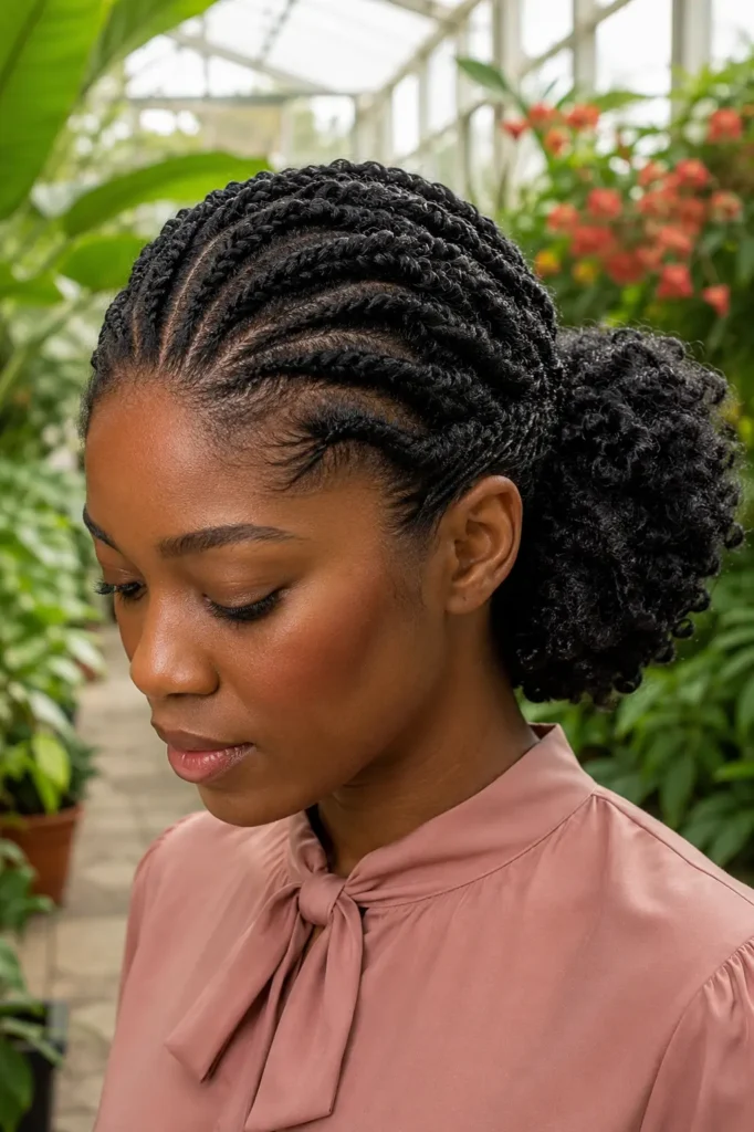 a real Black woman wearing intricate flat twists with curved scalp parting flowing into a voluminous low natural puff. She wears a dusty-pink blouse with a bow collar,