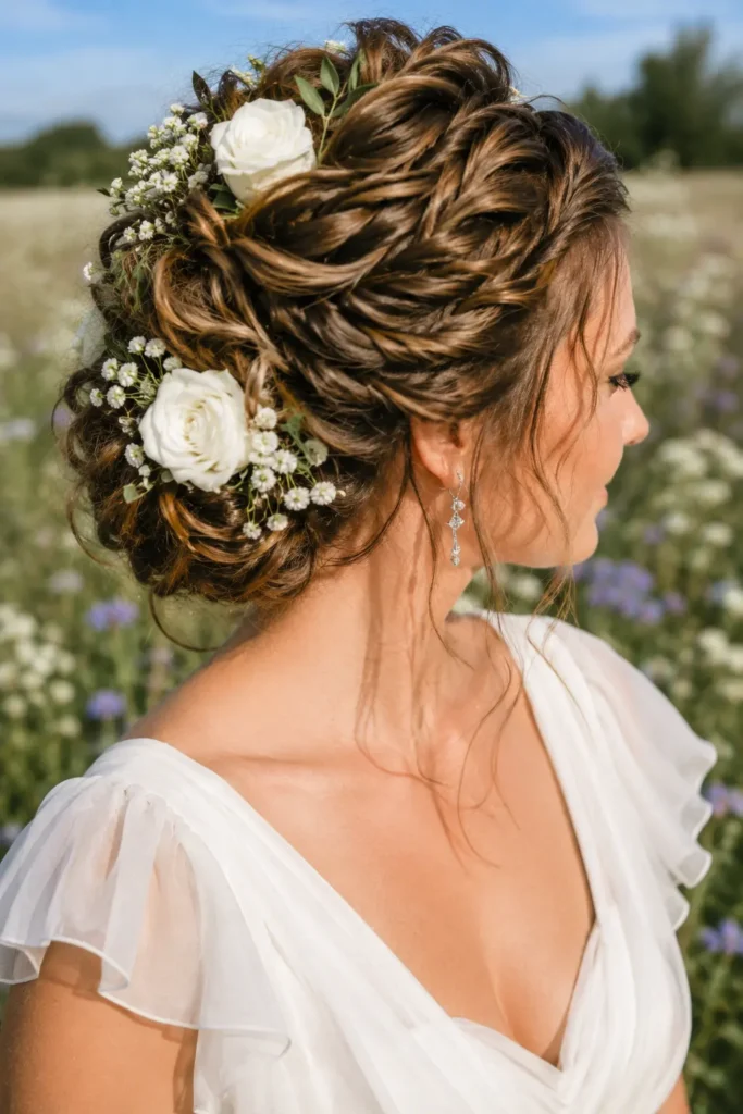 floral bridal updo with glossy dark blonde hair adorned with fresh white roses and baby's breath, photographed in bright natural daylight with a blooming wildflower meadow background and a romantic chiffon wedding gown.