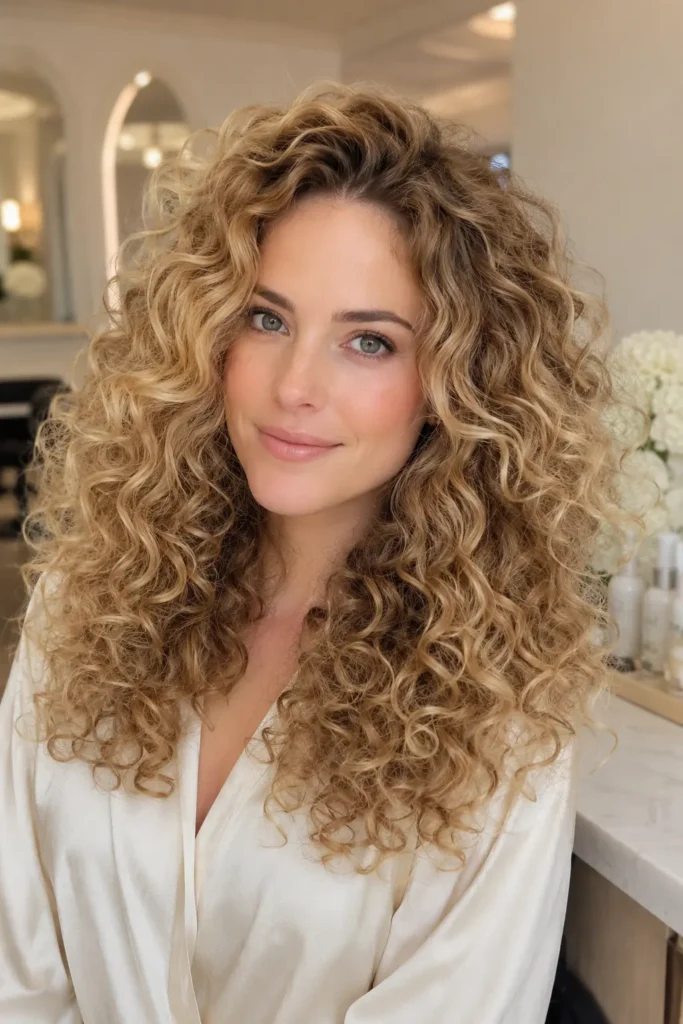 woman with fluffy diffused curls featuring soft root volume and naturally defined glossy ringlets. She wears a fashionable cream blouse and natural makeup