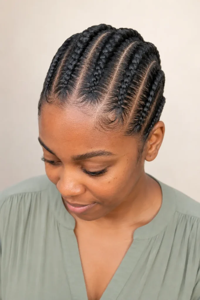 British woman with four thick straight-back cornrows, photographed from a slightly elevated three-quarter angle in bright natural light, wearing a modest sage-green blouse against a soft ivory background.