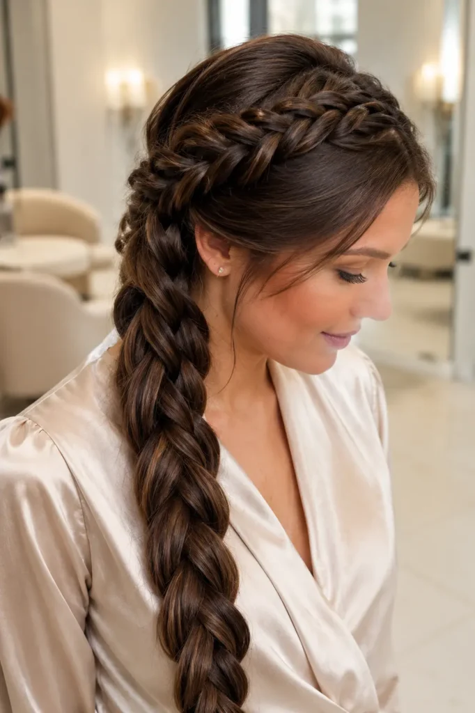 woman wearing a highly detailed four-strand braid with glossy rich brunette hair, styled in a luxurious ivory salon setting. She wears a stylish champagne blouse