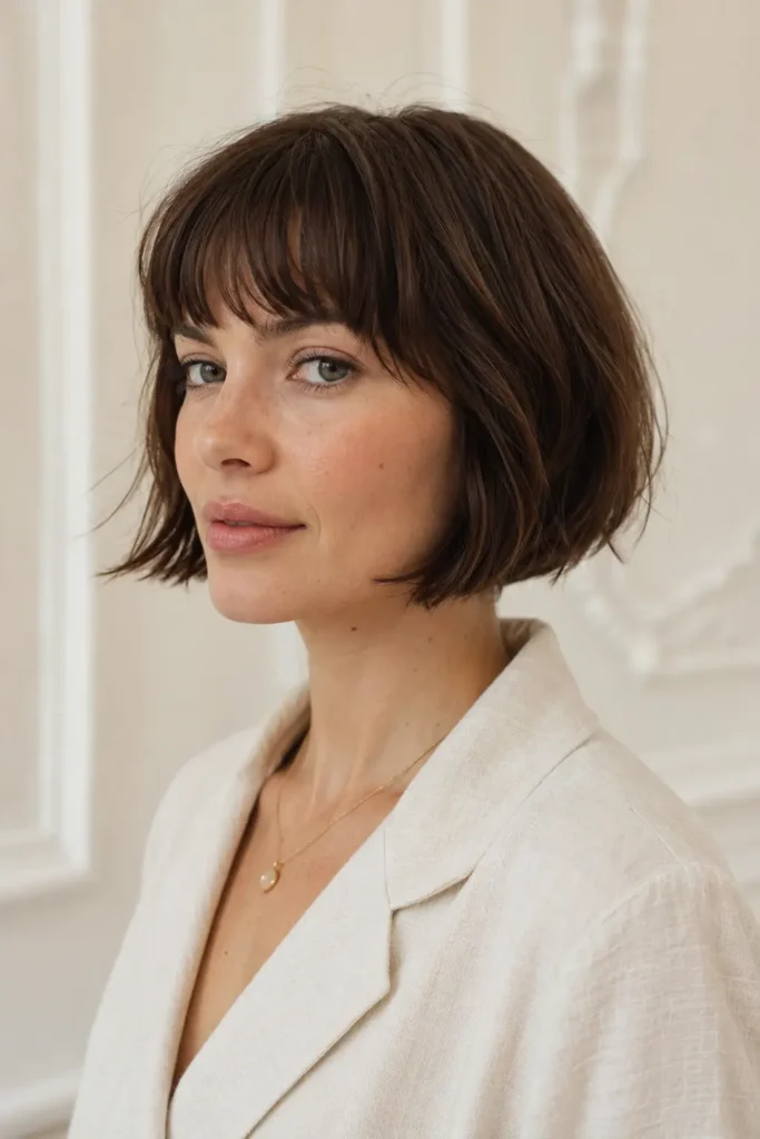 woman with a French bob haircut and short bangs, featuring jaw-length layers, soft cropped fringe, natural brunette texture, and a glossy healthy finish in bright daylight.