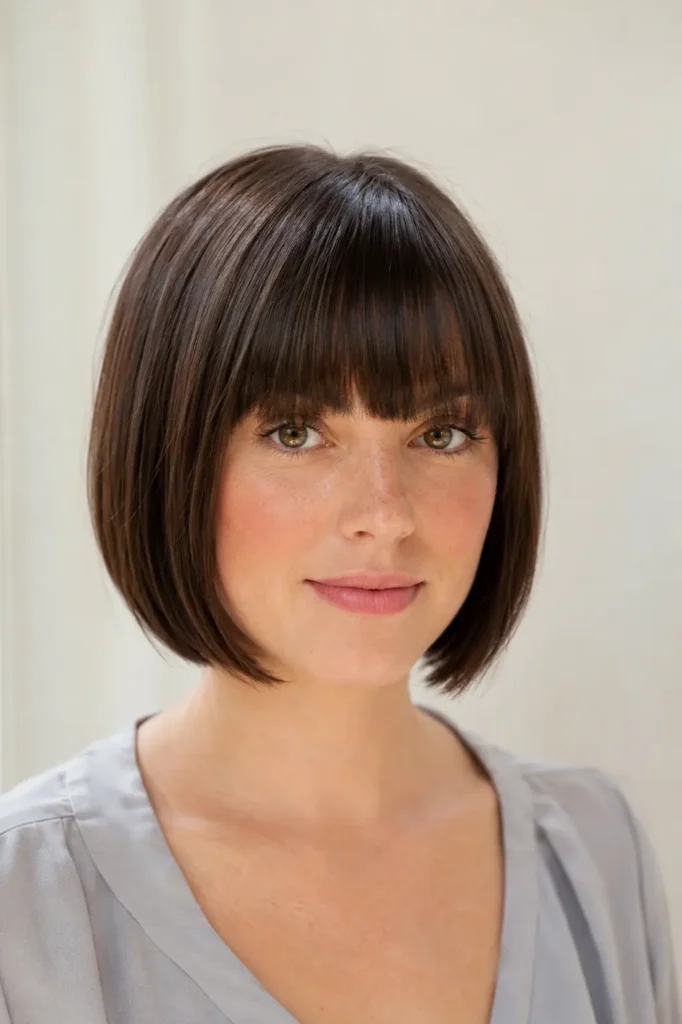 French bob haircut with a full straight fringe, glossy chin-length hair, and a sleek salon-inspired finish against a soft cream background.
