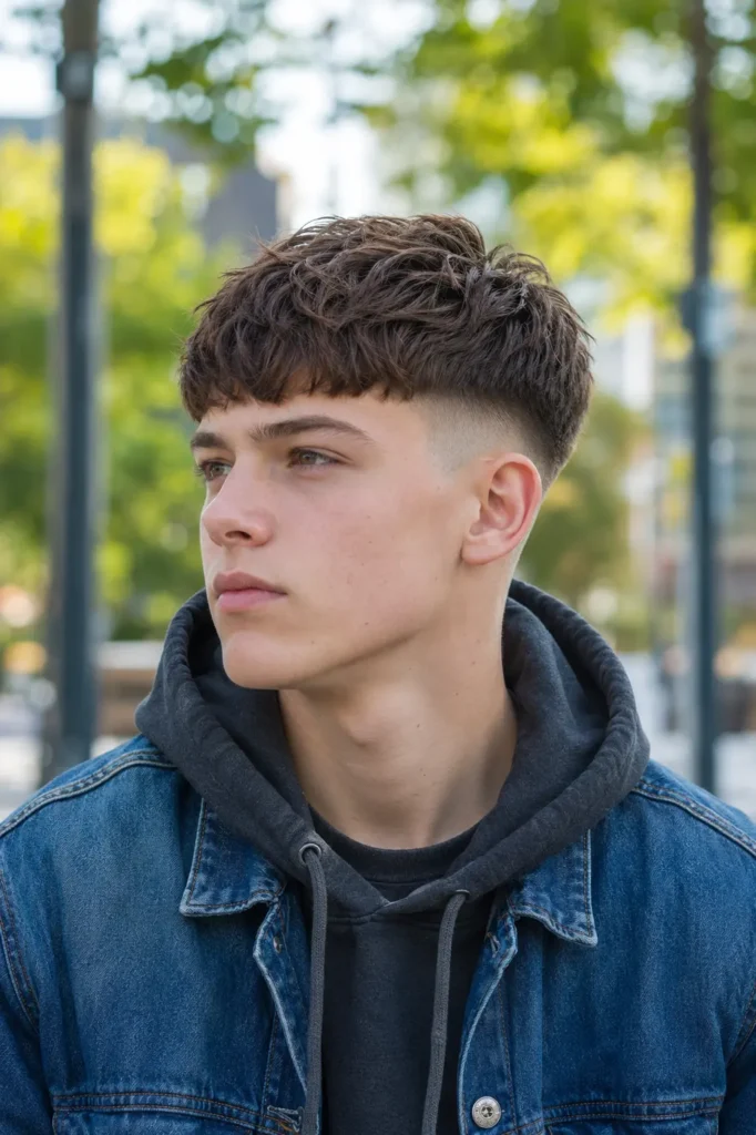 teenage boy with a textured French crop haircut featuring a short natural fringe and clean faded sides, wearing a charcoal hoodie under a denim jacket in a bright city park,