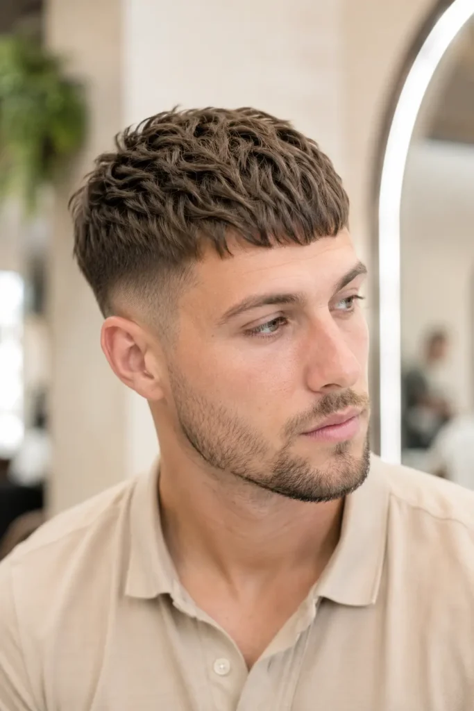 man with a modern French crop haircut featuring a textured fringe and low fade, wearing a casual beige polo shirt.