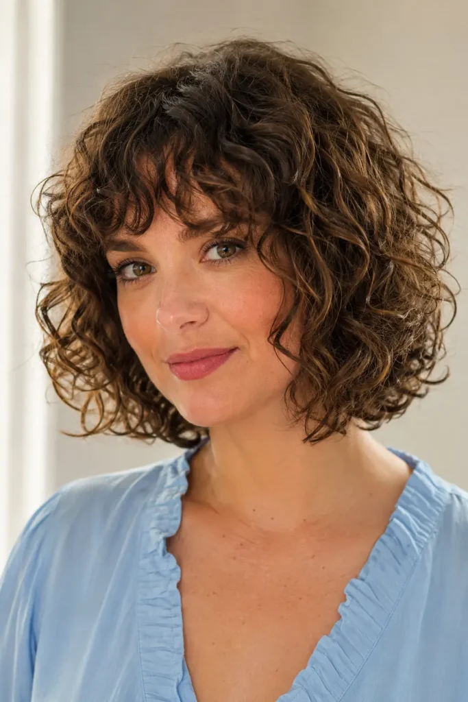woman with a French curly bob haircut featuring soft rounded curls and a wispy fringe, photographed in warm daylight against a pale cream background, wearing a powder-blue blouse.