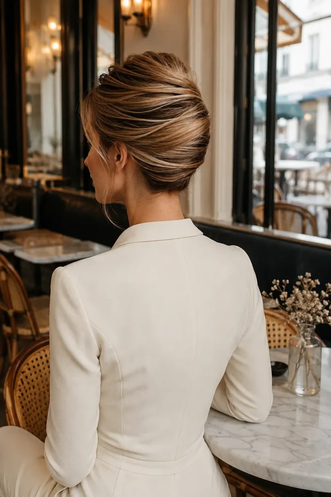 A white woman with a refined modern French twist bun featuring smooth polished sides and subtle texture, wearing a cream-colored structured jumpsuit
