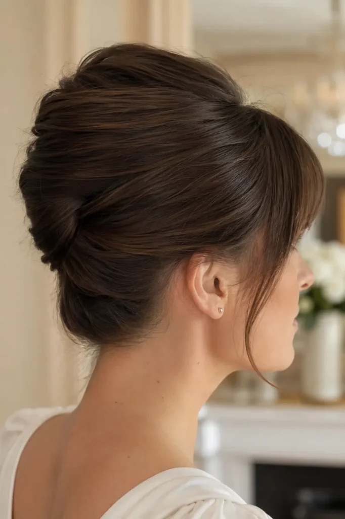 woman wearing an elegant French twist bun with a soft side fringe and rich chocolate brown hair,