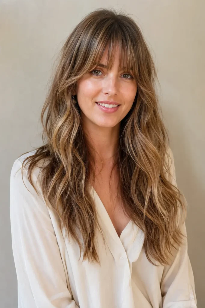 A woman with a soft fringe and long loose beach waves smiles gently in a bright DSLR-style portrait, showcasing glossy textured hair against a light beige background while wearing a modest cream blouse.