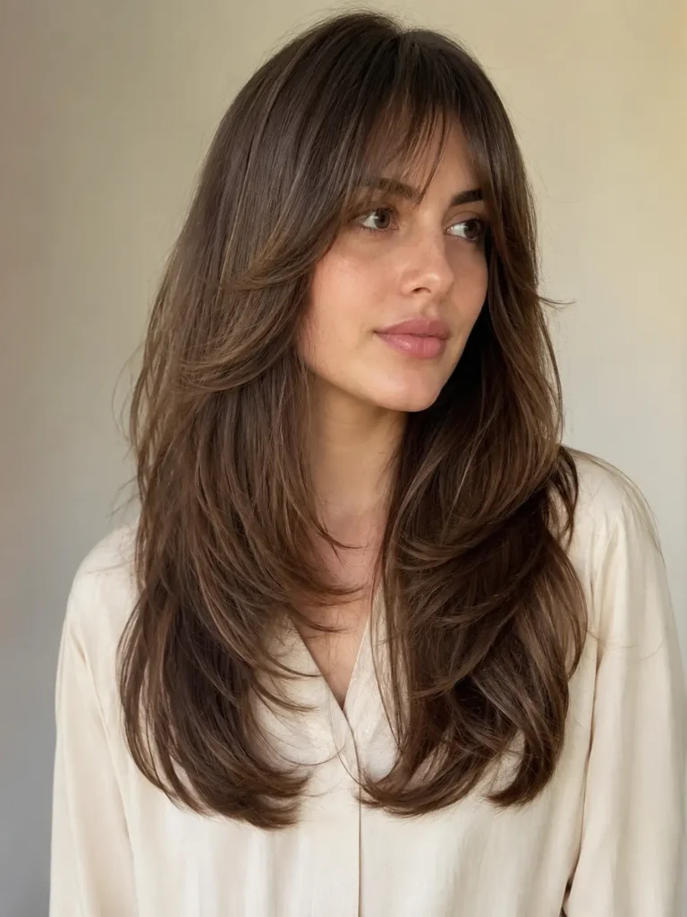 Butterfly haircut with soft fringe and long face-framing layers, styled with natural volume and shine against a cream background, paired with a light ivory blouse.